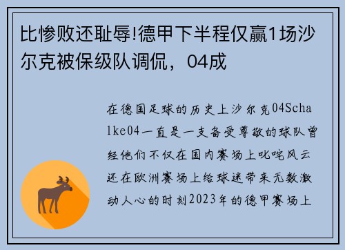 比惨败还耻辱!德甲下半程仅赢1场沙尔克被保级队调侃，04成